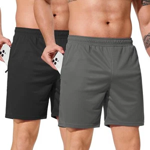 Men's Quick Dry Running Shorts 2-3 Pack Gym Workout Shorts with Zip Pockets - Picture 1 of 8