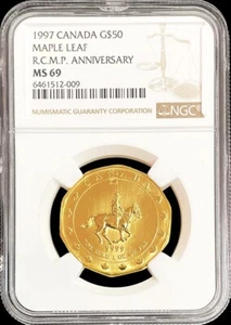 1997 GOLD CANADA RCM 1 OZ 999.9 $50 MOUNTIE MAPLE LEAF COIN NGC MINT STATE 69 - Picture 1 of 2