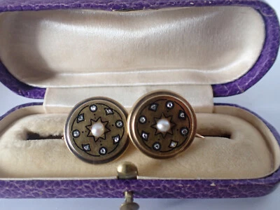 Belles boucles D'Oreilles 19 e OR avec Diamant, perle et email noir, anciennes - Immagine 1 di 4