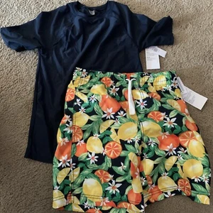 NWT Old Navy Swimsuit & Rash Guard Shirt Boys XL 14 16 Navy Blue Tropical - Picture 1 of 4