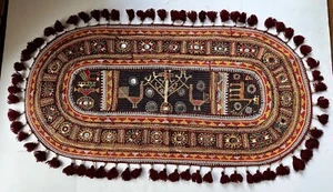 Vtg India MIRROR Paillettes EMBROIDERY RABARI Boho WALL TRIBAL HANGING  37”x19” - Picture 1 of 15