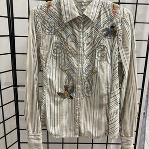 3J Hemd M Stickerei Perlen Druckknöpfe Boho Western tailliert blau&braun gestreift - Bild 1 von 14