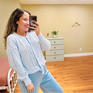 Neu mit Etikett Biesen Marie Oliver blau Zopfmuster Cardigan Pullover XS - Bild 1 von 14