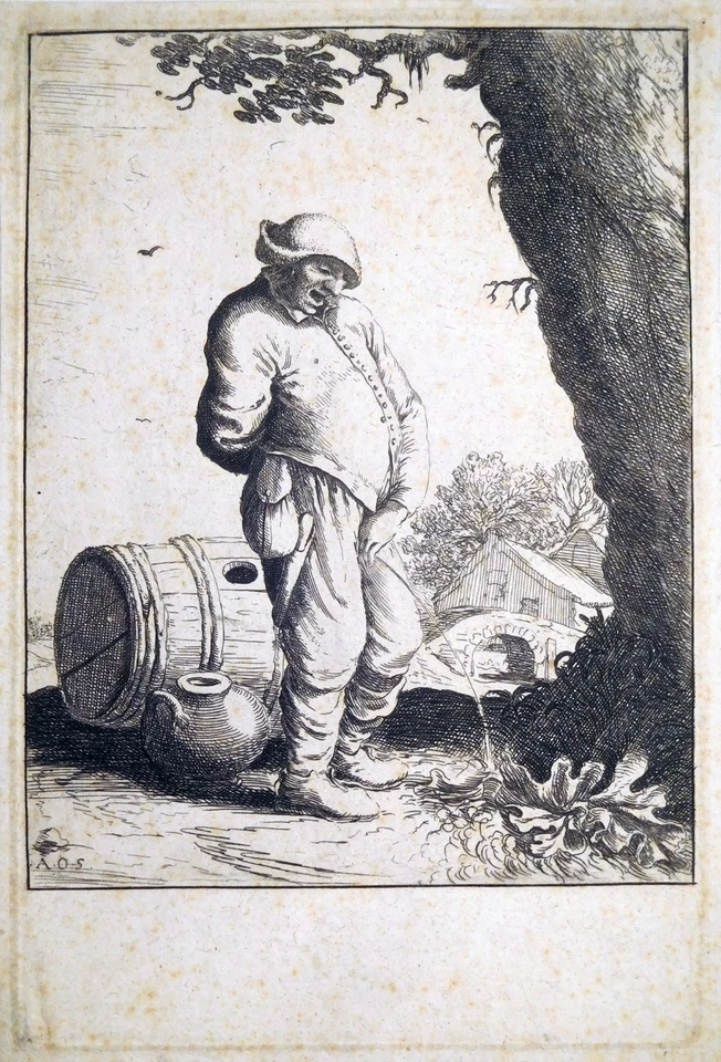 Radierung, Pissender Bauer, A. van Ostade/ W. Basse, ~1645, Hollstein 33 - Bild 1 von 4