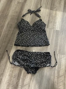 Victorias Secret Tankini Set Womens M/L  Tie Front Hipster‎ Black Polka Dot S - Picture 1 of 5