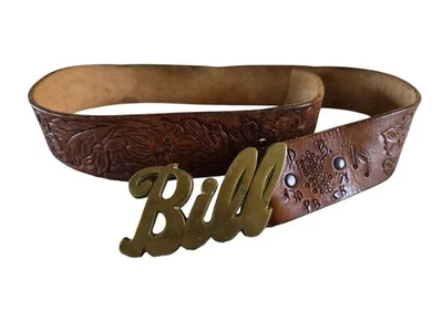 Mens Vintage Tooled Leather Belt Solid Brass Name Bill Buckle Wild Bill 1970s - Image 1 of 4