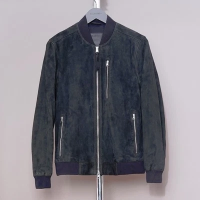 ALL SAINTS Suede Leather Jacket SMALL Mens Blue S Biker Bomber Celebrity KEMBLE - Image 1 of 4
