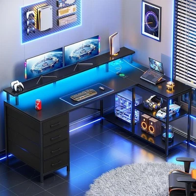 L Shaped Computer Desk with 4 Drawers and Storage Shelves, Corner Office Desk - Image 1 of 4