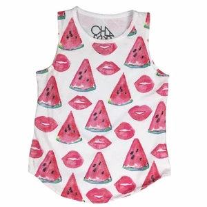 Chaser Sleeveless Shirt Watermelon Kiss Distressed Neckline White Pink Preppy 8 - Picture 1 of 7