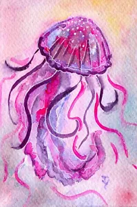 WATERCOLOR painting ORIGINAL art Jellyfish small artwork Sea life fish 4x6" - Picture 1 of 1
