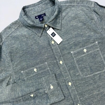 NEW Gap Shirt Men's Large Blue Button Up Linen Blend Long Sleeve Slim Fit - Image 1 of 4