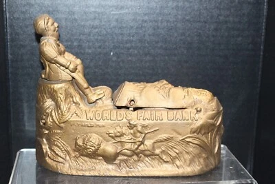 Vintage Columbus  Worlds Fair Cast Iron Mechanical Bank  Book Of Knowledge Repro - Image 1 of 4