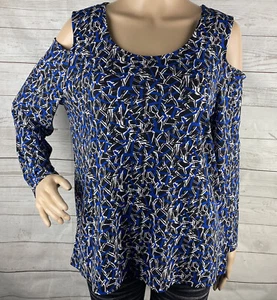 Anne Klein Bluse groß blau schwarz weiß abstraktes Muster Cold Shoulder Shirt - Bild 1 von 12