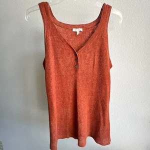 Eileen Fisher Petite Large Linen Henley Tank Rust Orange Sleeveless Ribbed Knit - Picture 1 of 11