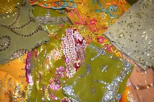 10 Pack 12" x12" Olive Vintage Dupatta Fabrics, Embroidered Beaded swatches - Picture 1 of 2