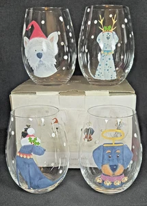 Lot de 4 verres à vin sans tige Pier 1 One vacances Noël chiens HTF 9 oz - GUC - Photo 1/4