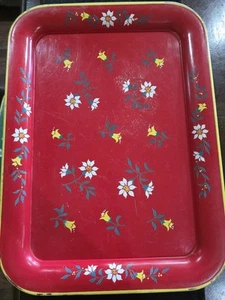 Rare vintage mid century Red Floral 17.5" Metal Tray Set Of 2 - Picture 1 of 2