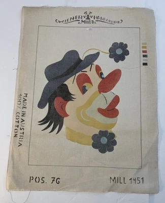 Vintage Austrian Needlepoint Canvas – Clown with Flower – Wiener Werkgruppe - Image 1 of 4