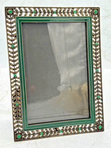 Vintage Brass & Green Enamel Photo Frame w/ Green Glass Cabochons 5x7 Italy EUC - Picture 1 of 17