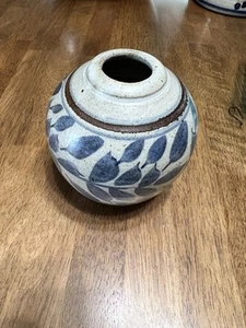 Art Pottery Hand Thrown Vase Artist Signed Blue Leaves Gray Brown - Picture 1 of 9