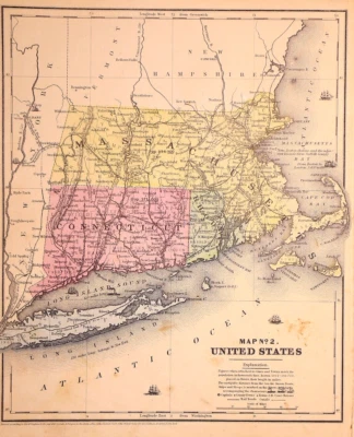 1839 Burgess Map ~ MASSACHUSETTS - CONNECTICUT - RHODE ISLAND ~ (9.5x11.5)-#04 - Imagem 1 de 2