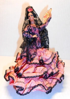 Vintage Marin Chiclana Spanish Flamenco Dancer Doll Pink Dress Fan w/Stand 7.5" - Image 1 of 4