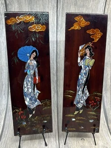 VTG Vietnamese Mother Of Pearl Inlay Lacquer Painting Wall Art Women 3.75x11.75 - Picture 1 of 14