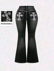 Pantalones de mezclilla acampanados con bolsillos cruzados bordados góticos Romwe - Imagen 1 de 11