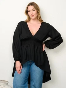 Womens Plus Size Black Long Sleeve High Low Top 2XL V Neck - Picture 1 of 2