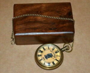 Antique Vintage Maritime Brass Victoria Fob 1875 Pocket Watch with Wooden box