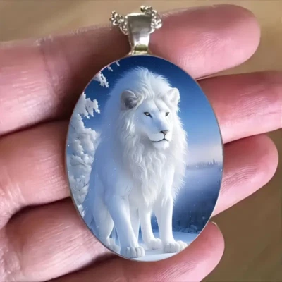 Collar León Blanco Ovalado Joyería Vintage Plateado Gótico Naturaleza Tigre Gato Colgante Foto 1 de 4