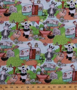 Cotton Zoo Animals Camping Trailers Bikes Bears Kids Cotton Fabric BTY D565.54 - Picture 1 of 1