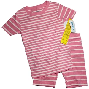 Carter's Sz 5 Girl 2pc Pajama Set Pink White Stripe Cotton Shorts NWT - Picture 1 of 2