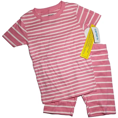 Carter's Sz 5 Girl 2pc Pajama Set Pink White Stripe Cotton Shorts NWT - Image 1 of 2