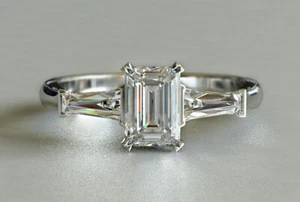 2ct Emerald Simulated Diamond Ring Baguette Accents Trilogy White Gold Plated - Picture 1 of 3