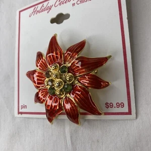 Christopher Radko Vintage Pin Brooch Red Gold Flower Poinsettia Signed 80s NEW - Imagen 1 de 4