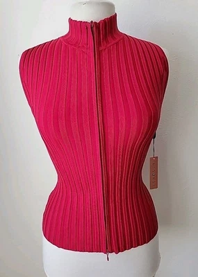 Vtg Essendi Red Silk Sleeveless Top Full Zip Ribbed Stretchy New - Image 1 of 4