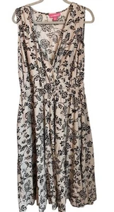 Woman Within Sleeveless Wrap Look Linen Blend Midi Dress Tan Black Floral Sz 18W - Picture 1 of 7