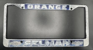 Vintage Selman Chevrolet Orange California Metal License Plate Frame - Picture 1 of 2