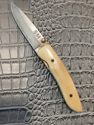 Cattle Bone Handle Damascus 1095/15n20 Steel Spear Point Blade Pocketknife wClip - Image 1 of 4