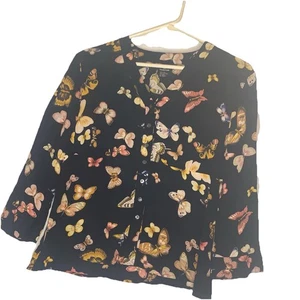 DD Collection Damenbluse schwarz mit Schmetterlingen Knopfleiste 100 % Seide Small (510) - Bild 1 von 2