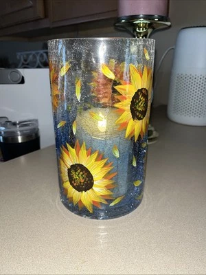 🌻 Yankee Candle Blue Ombré Crackle Large Hurricane Jar Candle Holder SUNFLOWER - Image 1 of 4