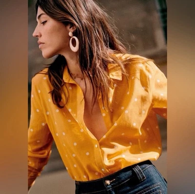 Sezane Women’s Polka Dot Silk Mustard Yellow Blouse Size 46 (US 14) Cotton/Silk - Image 1 of 4