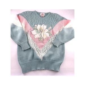 Vintage Jaclyn Smith Sweater Medium Pink Blue Pastel Embroider Flower Y2K Granny - Picture 1 of 8