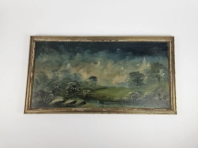 Pintura de paisaje religioso a bordo al óleo envejecida original de 25,75" x 13,75" de colección Foto 1 de 4