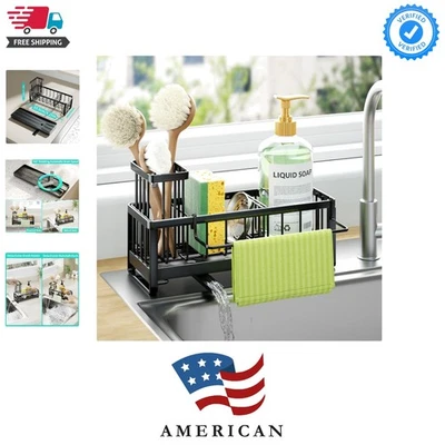 360°旋转水槽收纳盒-黑色不锈钢海绵支架适用于整洁厨房 — 第 1/4 张图片