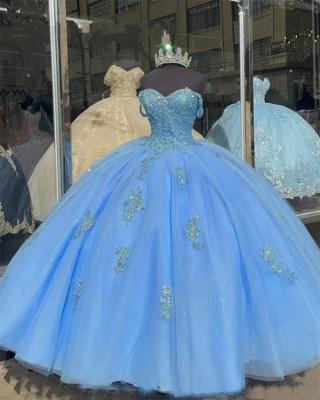 Sky Blue Quinceanera Dresses Bead Off Shoulder Sweet 16 Birthday Party Ball Gown Foto 1 de 4