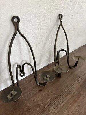 Large Vintage HandForged Spanish Revival Wrought Iron Candle Wall Sconces PAIR - Image 1 of 4
