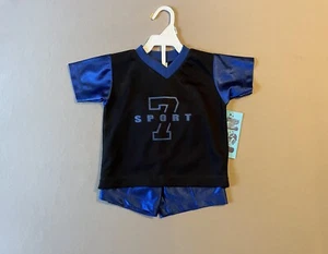 Boys 12 Months Two Piece Blue/Black Jersey Sport Top & Shorts Set, New With Tags - Picture 1 of 9