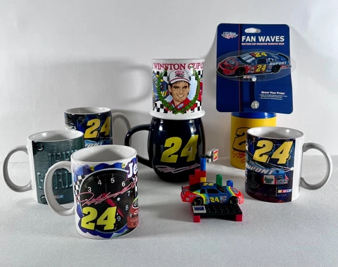 VTG NASCAR #24 JEFF GORDON (6)mugs cups (1) Koozie (1) Fan Waves (Lego Freebie) Cover